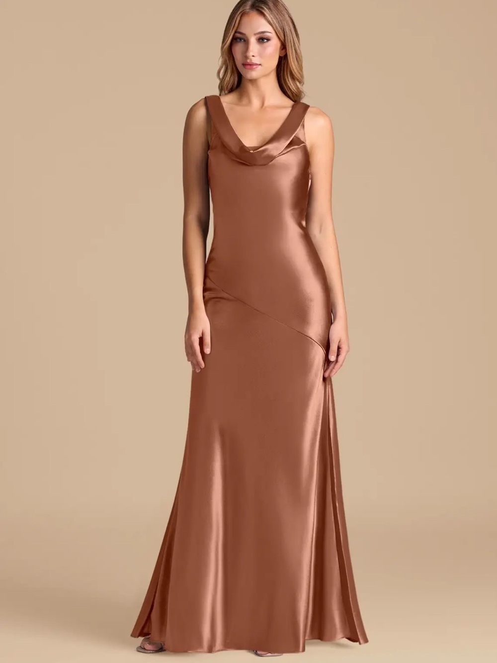 Azazie Bronzer Metallic Satin Cowl Neck Bridesmaid Dress